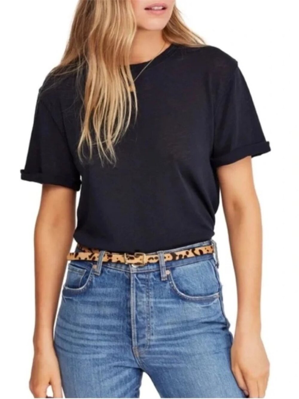 We The FREE PEOPLE Cassidy Tee Sz XS Black Semi Sheer Oversized Roll Sleeve